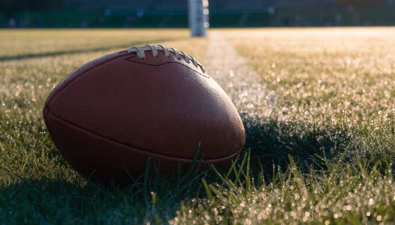 Ein ovaler Lederball mit heller Schnürung liegt auf dem Rasen vor der Endzone, Tau auf dem Gras im ersten Morgenlicht.