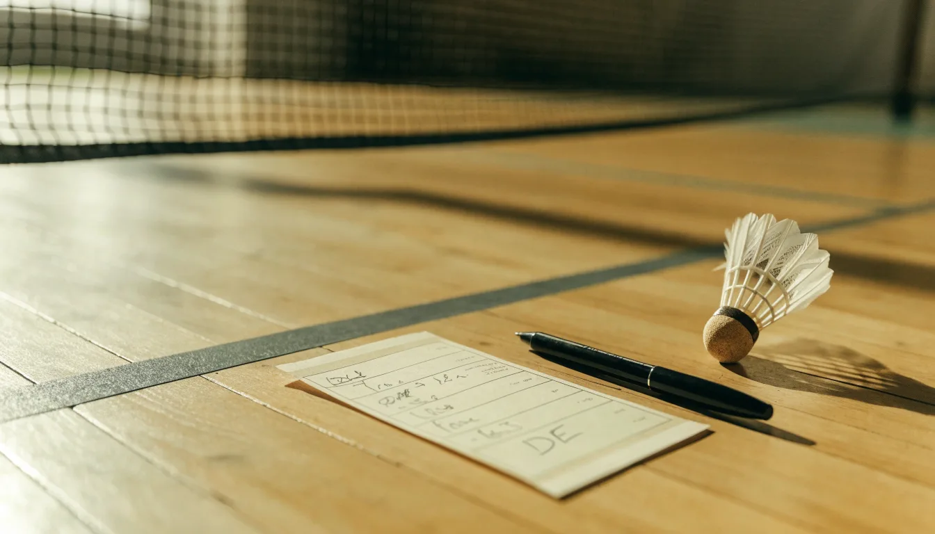 Zwei Badmintonschläger und ein Federball liegen auf einem Holzboden neben der Seitenlinie, weiches Licht fällt von der Seite ein.