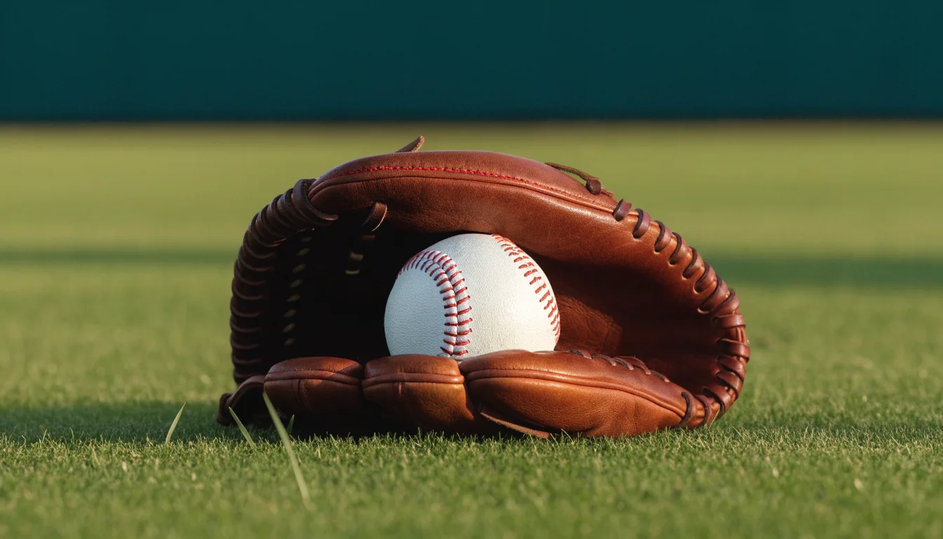Ein weißer Baseball und ein Lederhandschuh liegen auf kurz geschnittenem Gras, im Hintergrund eine verschwommene Spielfeldbande.