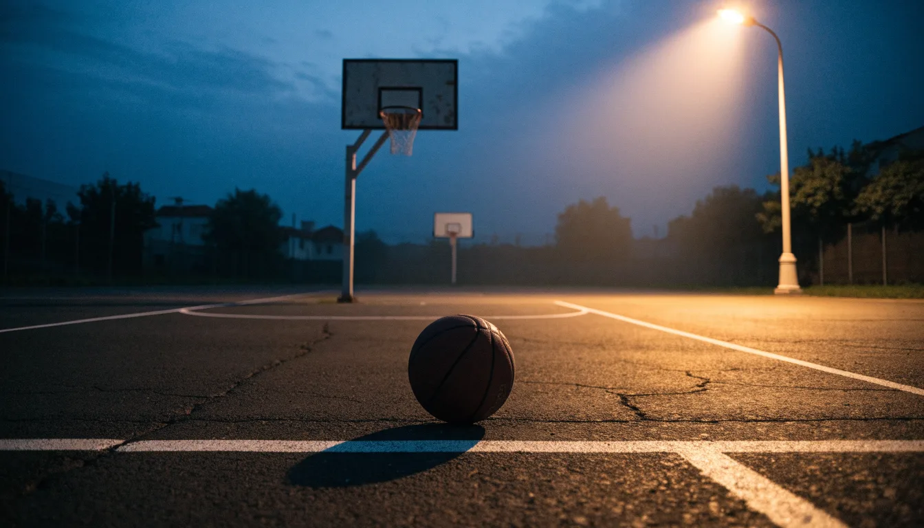 Ein Freiluft-Basketballplatz am Abend mit Asphalt, Linien und zwei Körben unter einer Straßenlaterne.