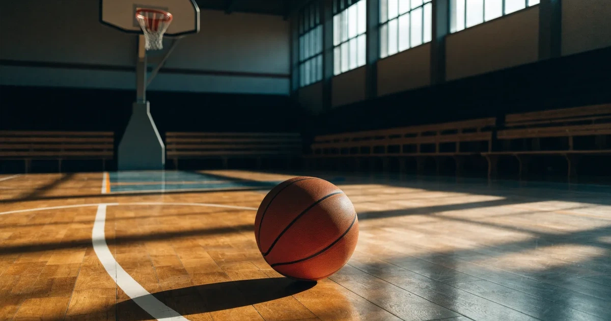 Ein Basketball liegt unter dem Korb auf dem Parkett einer leeren Sporthalle, Licht fällt durch hohe Fenster.