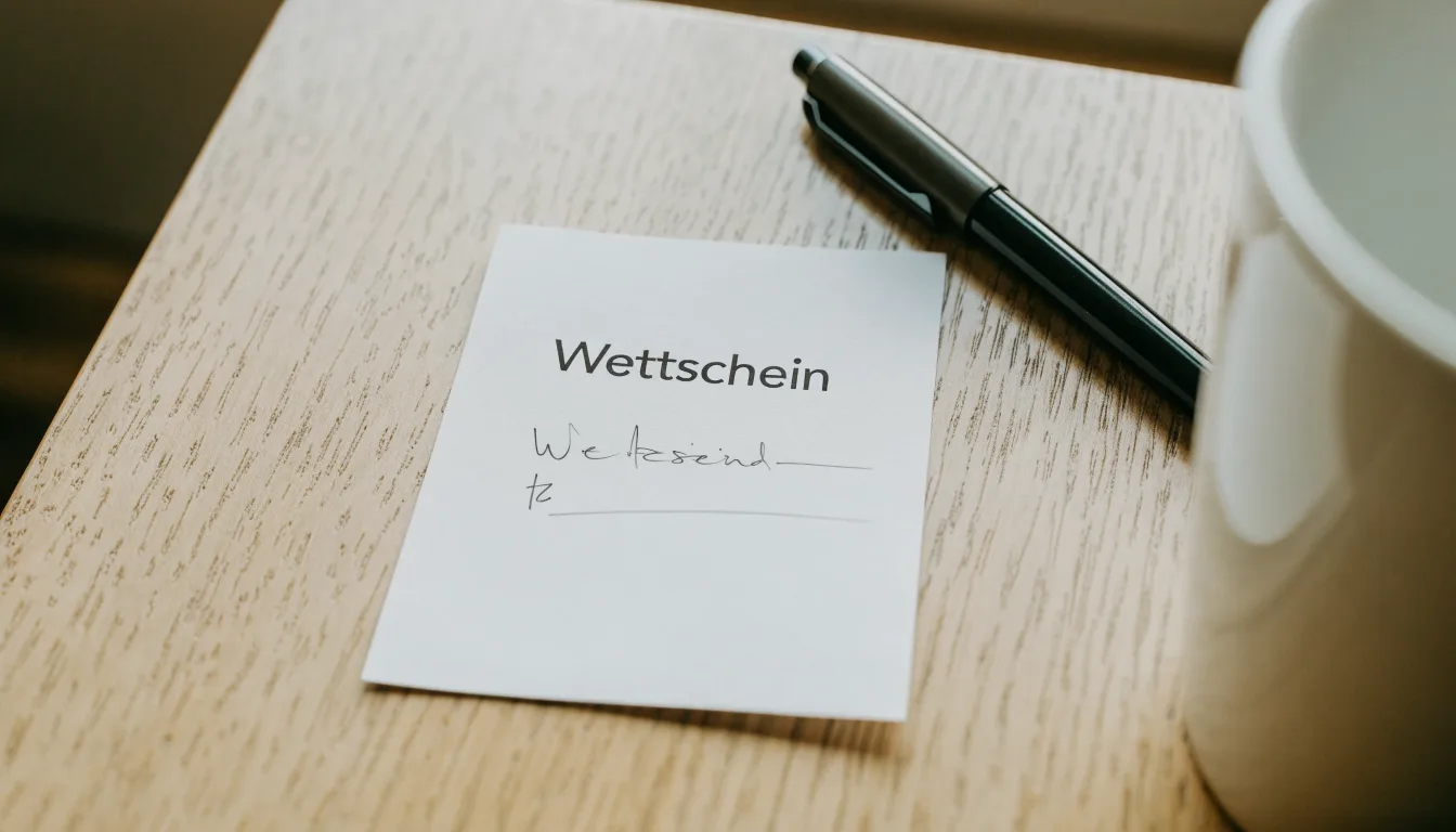 Ein leerer Wettschein aus Papier liegt neben einem Kugelschreiber und einer Tasse auf einem hellen Holztisch.