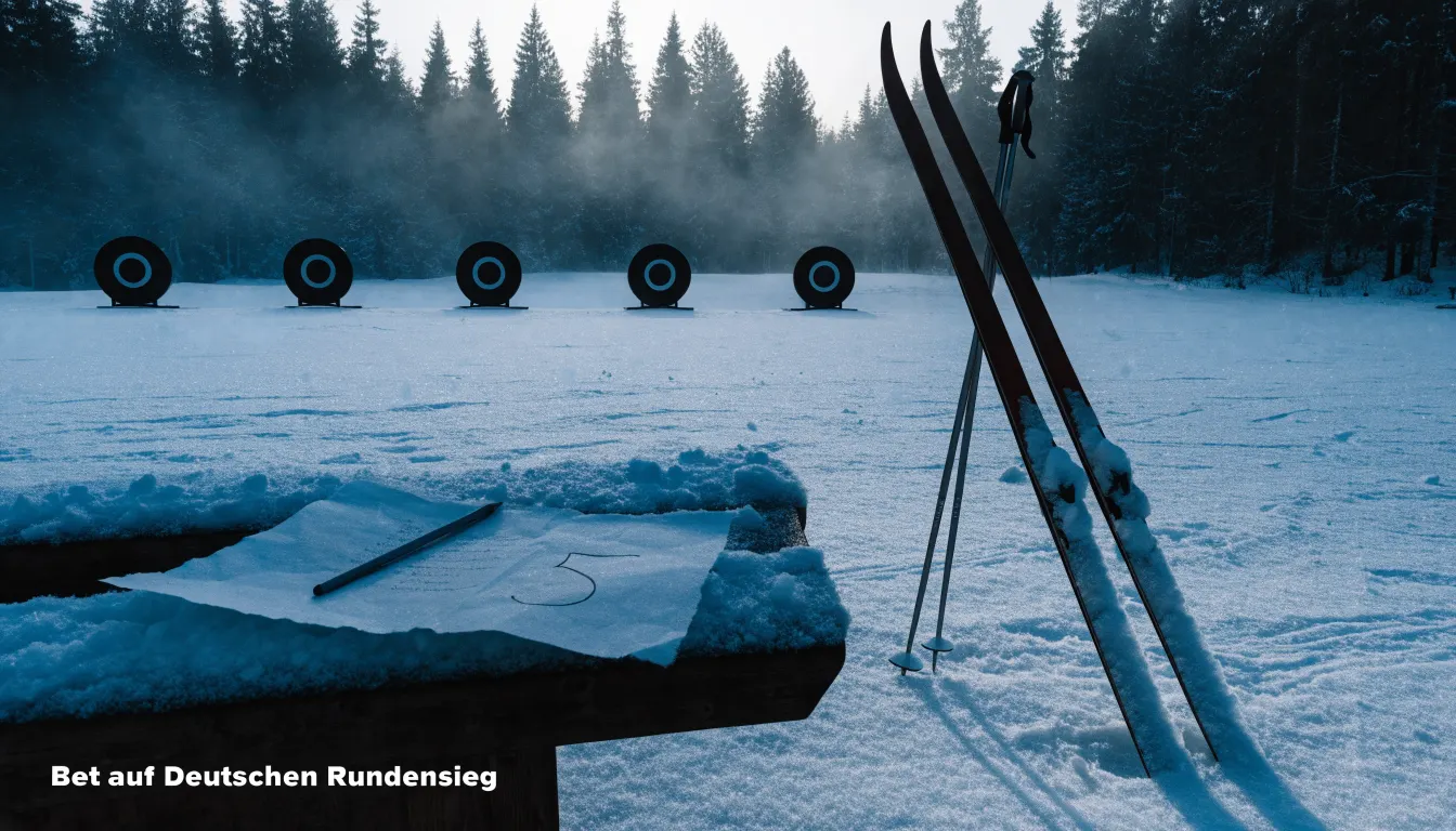 Ein Paar Langlaufskier steckt aufrecht im Schnee neben einem leeren Schießstand mit runden Zielscheiben, kaltes Winterlicht.