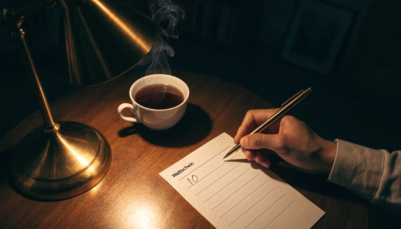 Ein leerer Papierwettschein und ein Kugelschreiber liegen auf einem Holztisch neben einer Tasse, warmes Licht einer Lampe.