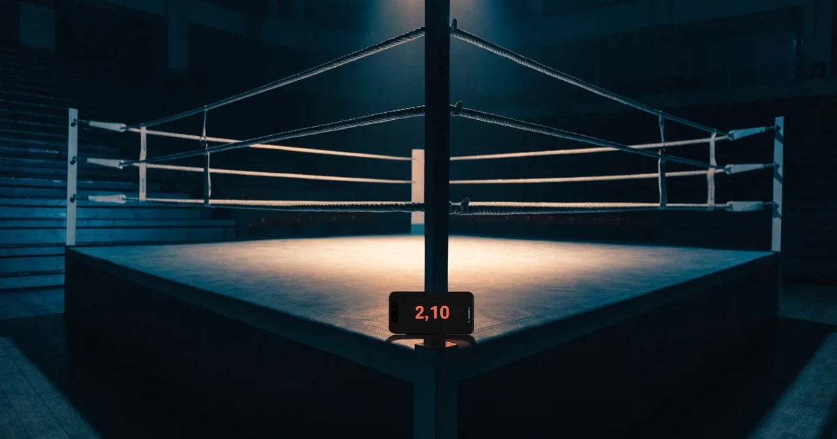 Ein Boxring mit gespannten Seilen in einer leeren Halle, ein einzelner Scheinwerfer leuchtet von oben auf die Ringmatte.