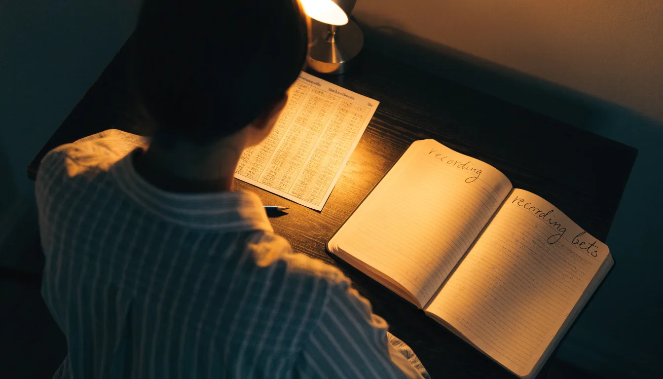 Ein Notizbuch mit handschriftlichen Notizen und ein Bleistift liegen neben einer Tischlampe auf einem Schreibtisch, ruhiges Abendlicht.