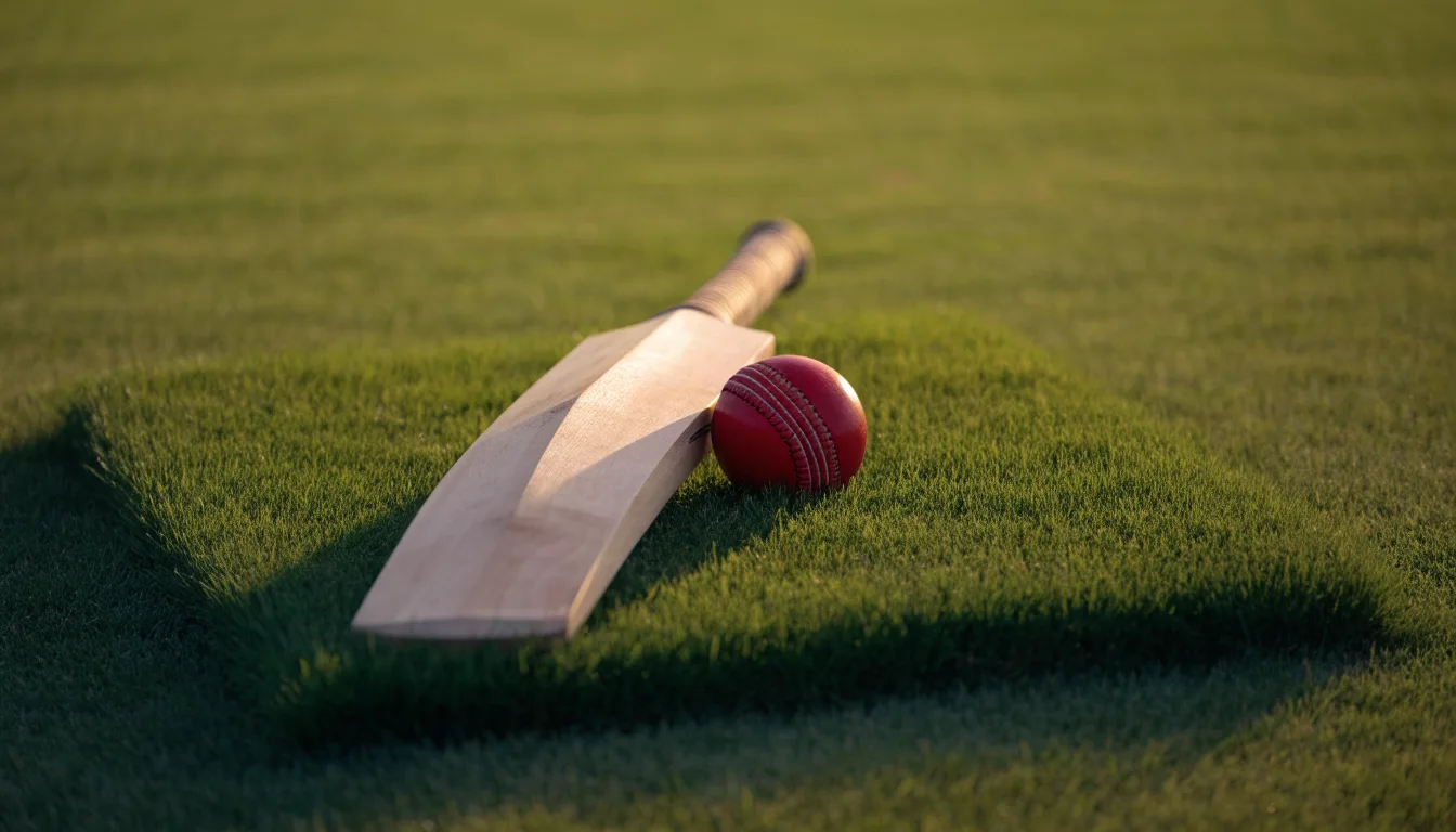 Ein Cricketschläger aus hellem Holz und ein roter Lederball liegen auf kurzem Rasen, weiches Abendlicht.