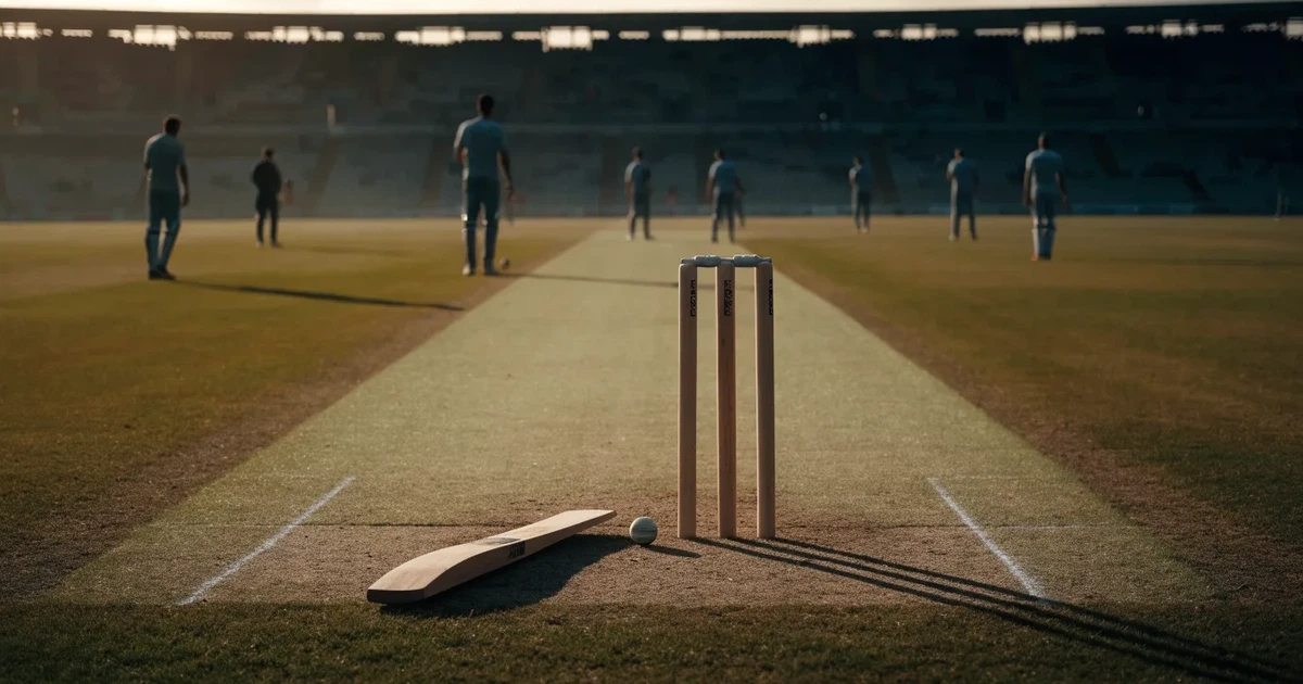 Ein weites grünes Cricketfeld mit einem hellen Streifen in der Mitte, tief stehende Sonne, im Hintergrund eine leere Tribüne.