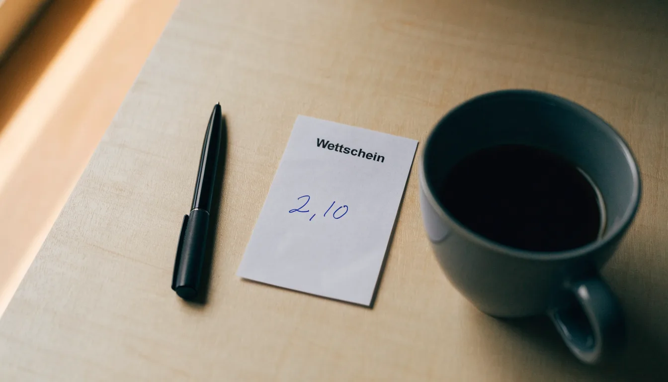 Ein leerer Wettschein aus Papier liegt neben einem Kugelschreiber und einer Tasse auf einem hellen Holztisch.