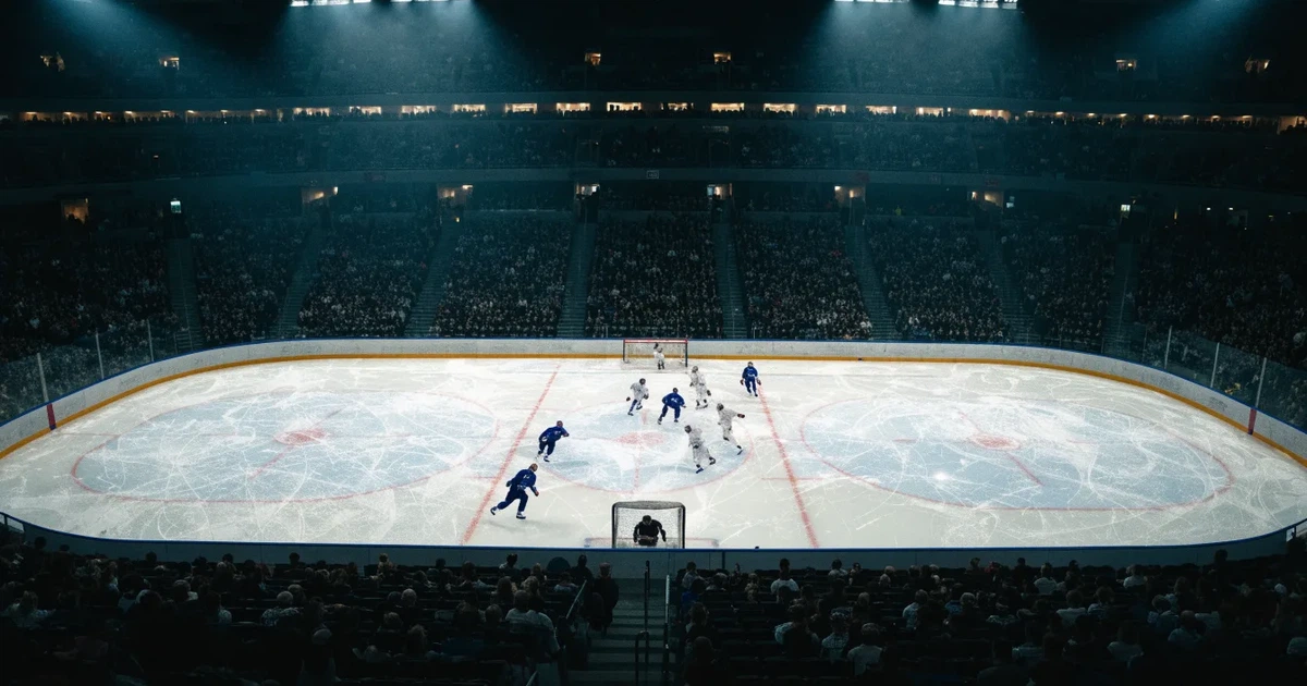 Eine Eishockeyhalle von der Tribüne aus gesehen, spiegelglatte Eisfläche, Banden ohne Schriftzüge, helles Flutlicht.