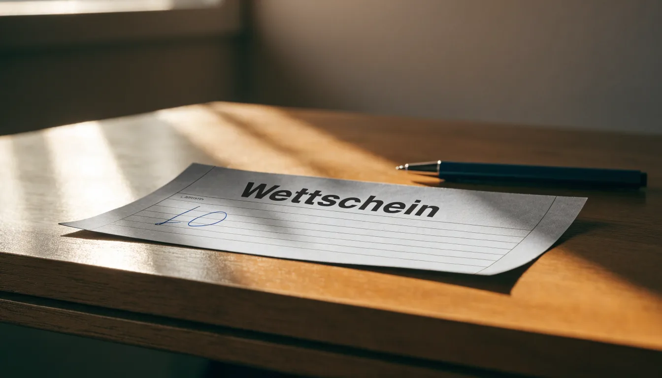Ein leerer Papierwettschein und ein Kugelschreiber liegen auf einem aufgeräumten Schreibtisch, weiches Licht von einem Fenster.