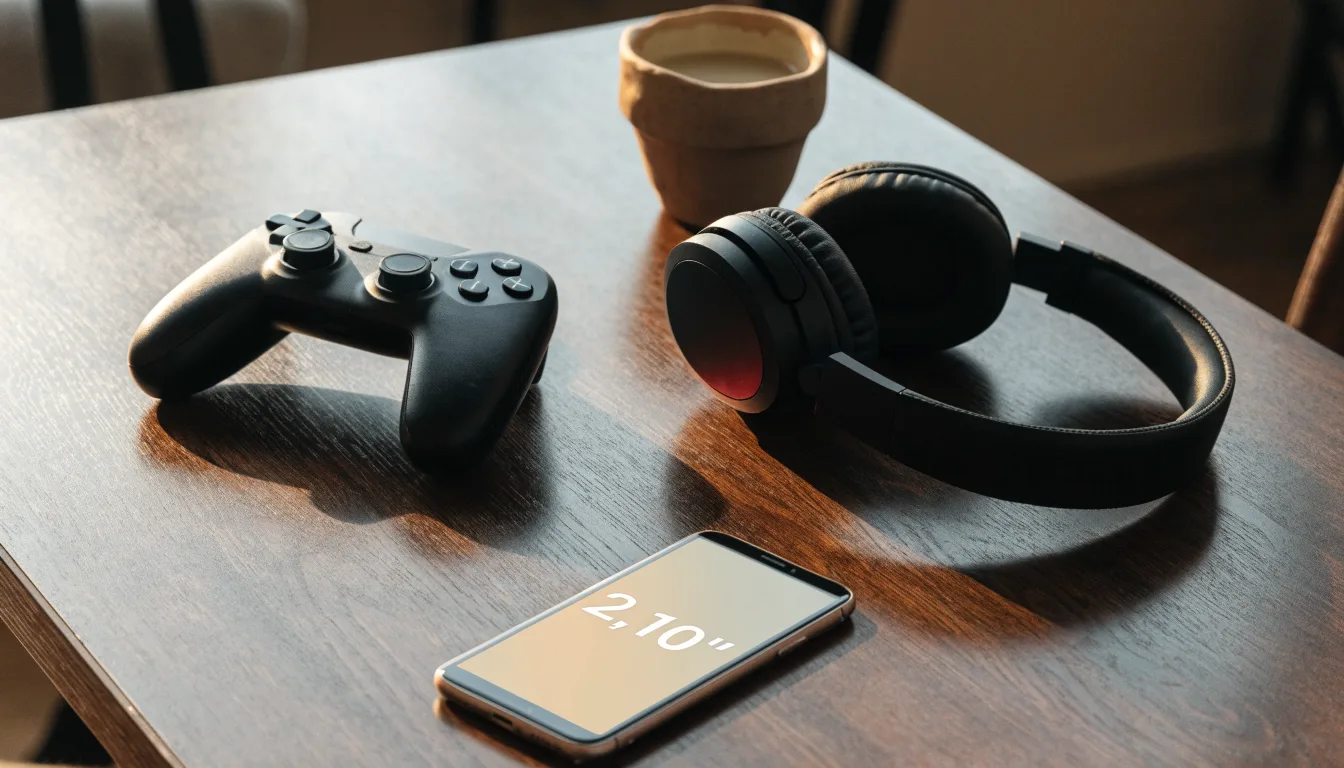 Ein Gamepad und ein Headset liegen auf einem Schreibtisch neben einer Tasse, der Bildschirm im Hintergrund ist ausgeschaltet.