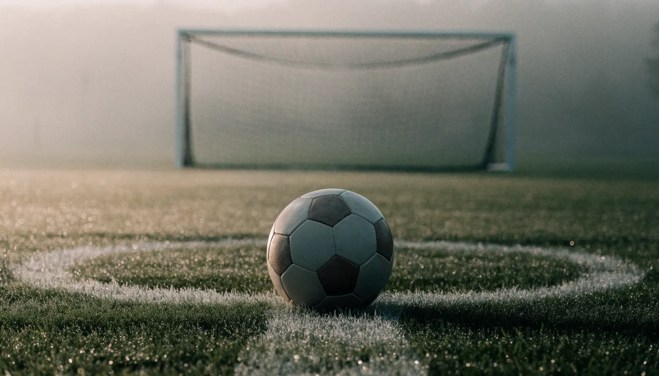 Ein Fußball liegt auf dem Elfmeterpunkt eines leeren Rasenplatzes, im Hintergrund unscharf ein Tor im Morgendunst.