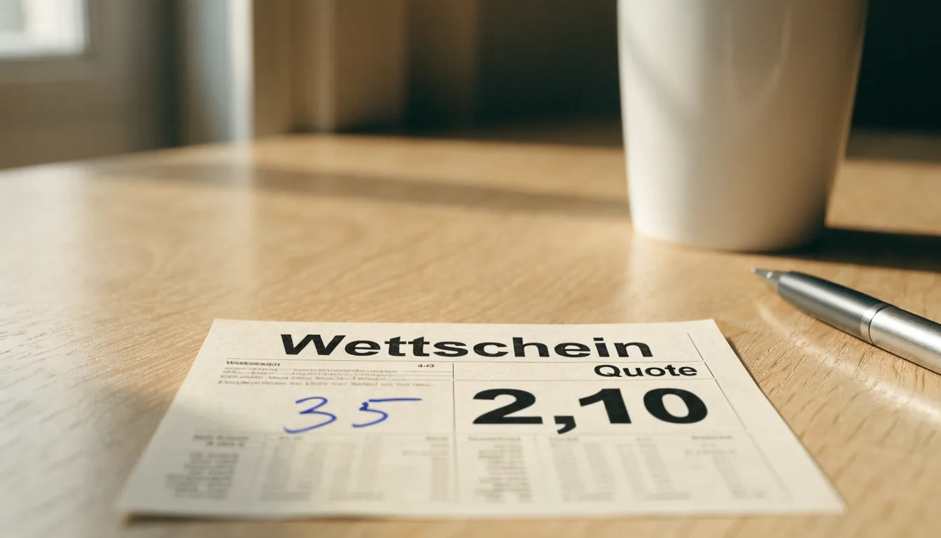 Ein leerer Wettschein aus Papier liegt neben einem Kugelschreiber und einer Tasse auf einem hellen Holztisch.