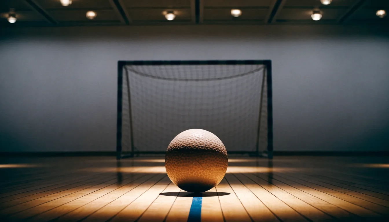 Ein kleiner schwerer Ball liegt in einer Halle auf dem Parkett vor einem Tor, warmes Licht aus den Deckenstrahlern.