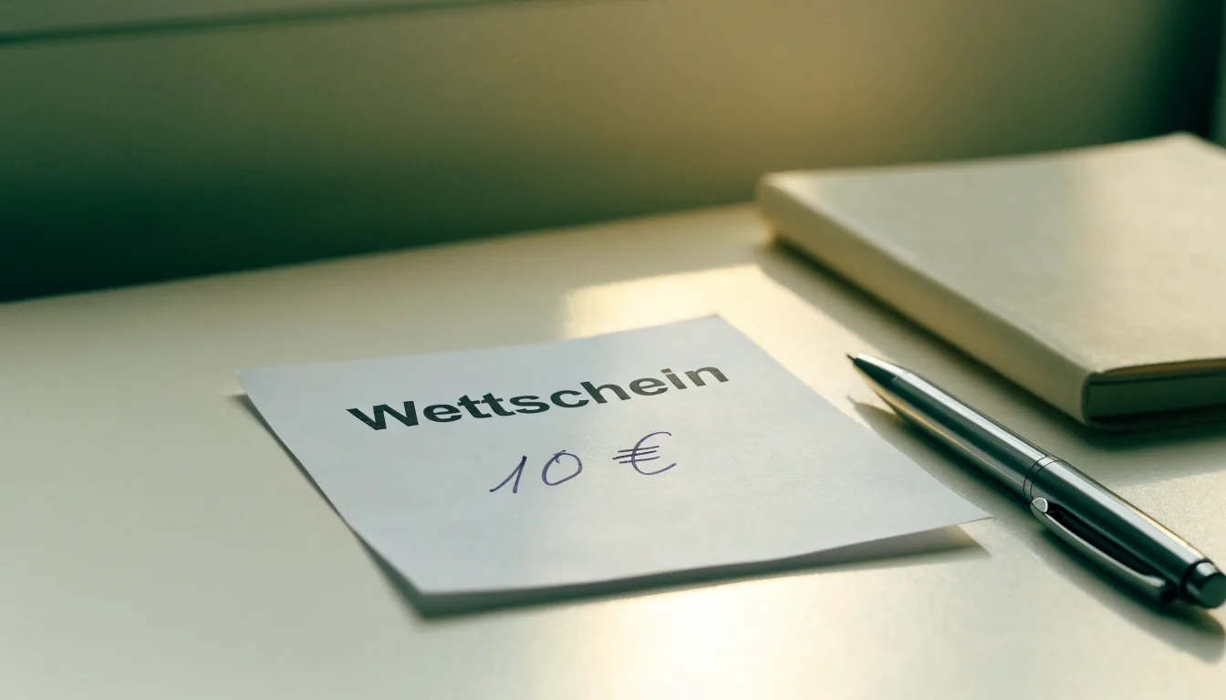 Ein leerer Papierwettschein und ein Kugelschreiber liegen auf einer glatten Schreibtischplatte neben einem Notizbuch.