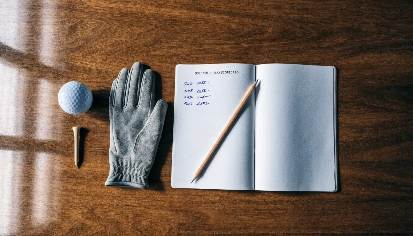 Ein Notizbuch mit handschriftlichen Notizen und ein Bleistift liegen neben einem Golfhandschuh und einem Tee auf einem Holztisch.