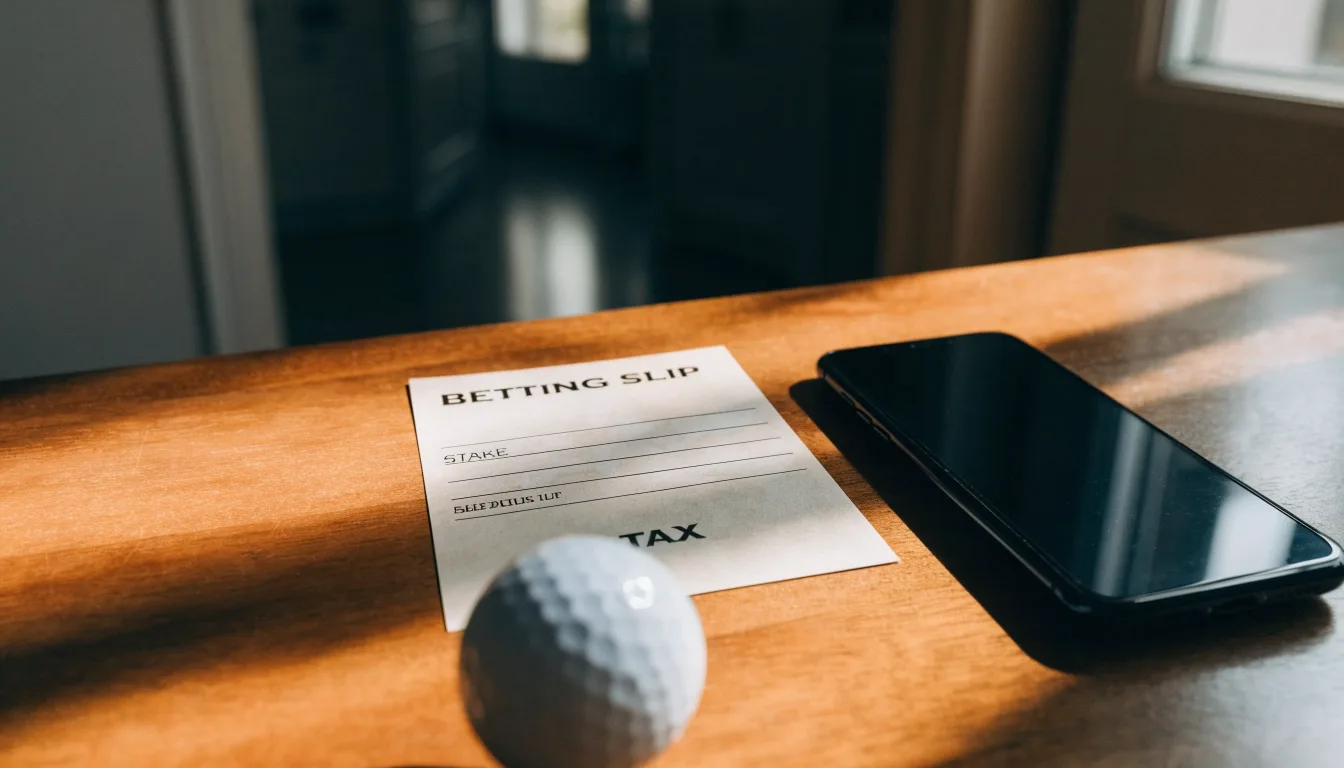 Ein leerer Wettschein aus Papier liegt neben einem Smartphone mit dunklem Display auf einem Tisch, daneben ein einzelner Golfball.