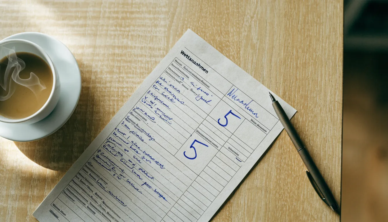 Ein leerer Wettschein aus Papier und ein Kugelschreiber liegen auf einem Schreibtisch neben einer Tasse Kaffee im Tageslicht.