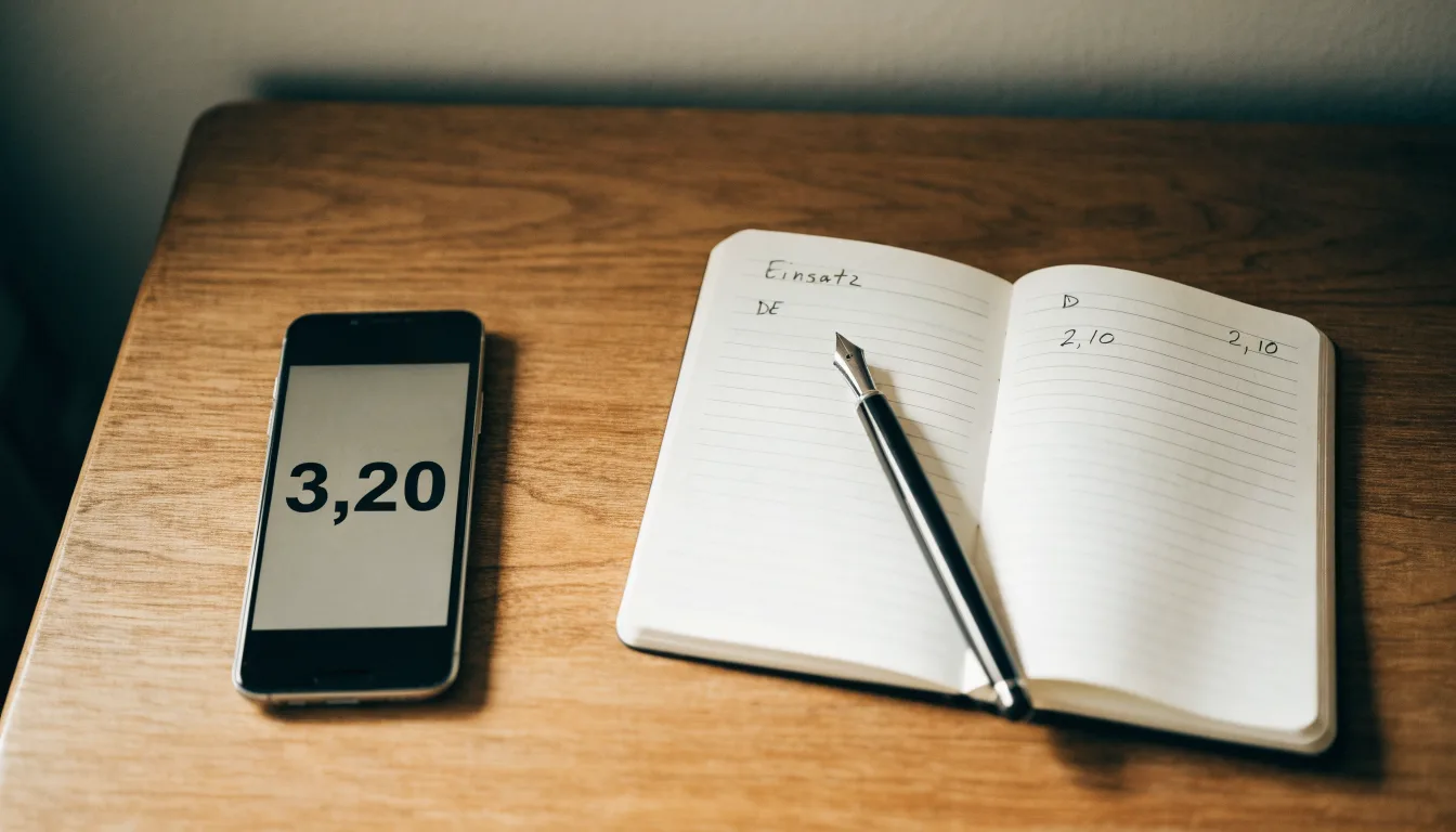 Ein Notizbuch mit handschriftlichen Notizen und ein Stift liegen auf einem Holztisch neben einem Smartphone mit dunklem Bildschirm.