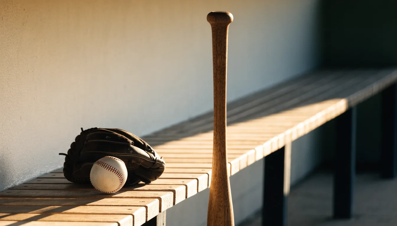 Ein Baseballschläger lehnt an einer Bank im Dugout, daneben liegen ein Handschuh und ein Ball im Licht der Nachmittagssonne.