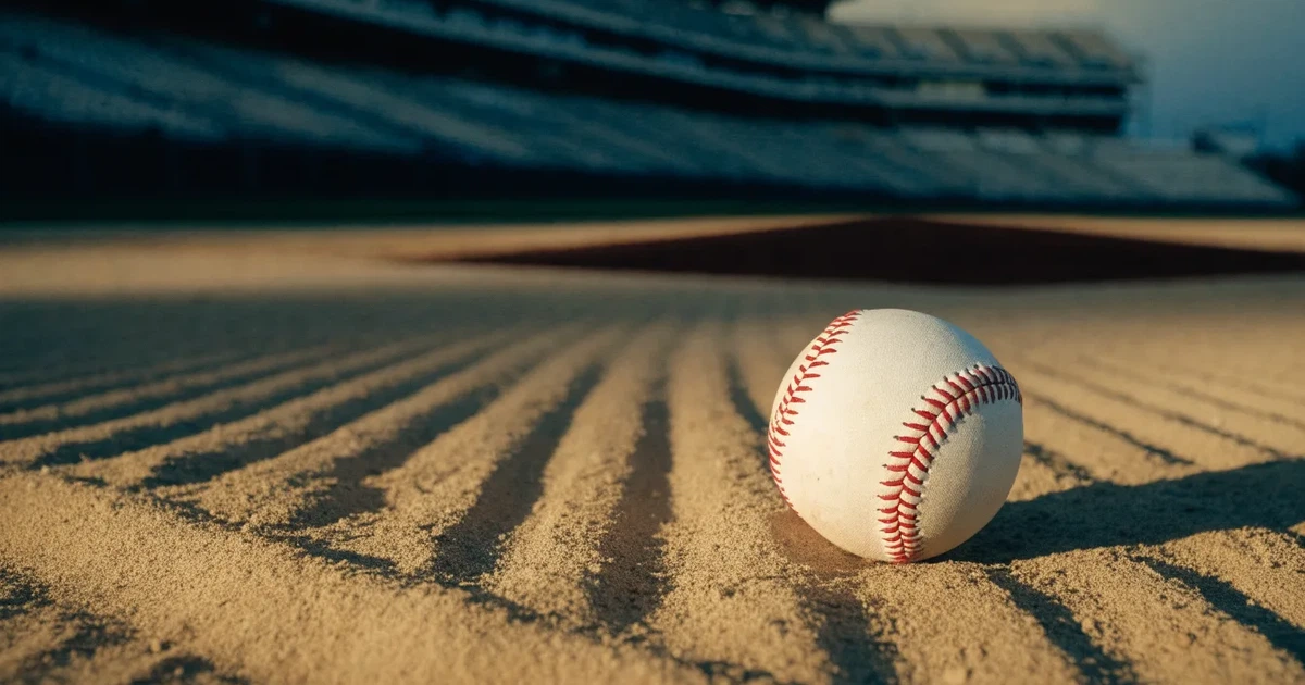 Ein Baseball liegt auf dem hellen Sand des Infields, im Hintergrund eine große Tribüne in der Abenddämmerung.
