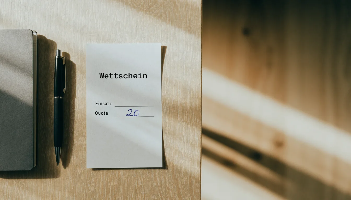 Ein leerer Wettschein aus Papier liegt neben einem Notizbuch und einem Stift auf einem aufgeräumten Schreibtisch.