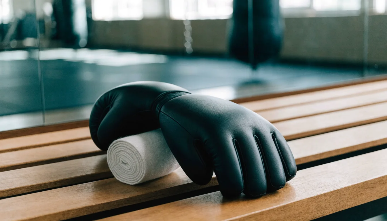 Ein Paar Kampfhandschuhe und eine Bandage liegen auf einer Holzbank in einem Trainingsraum mit Spiegelwand.