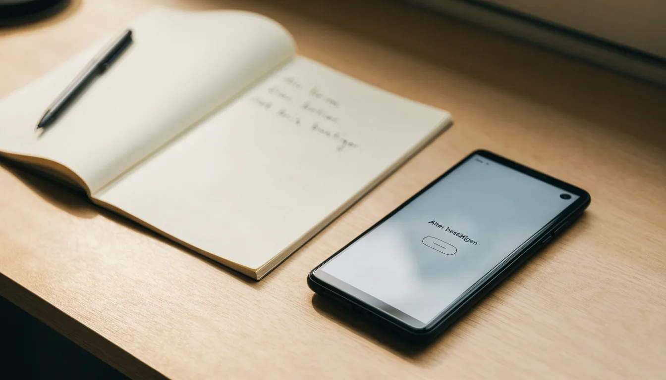 Ein Smartphone mit dunklem Display liegt neben einem Notizbuch und einem Kugelschreiber auf einem Tisch.