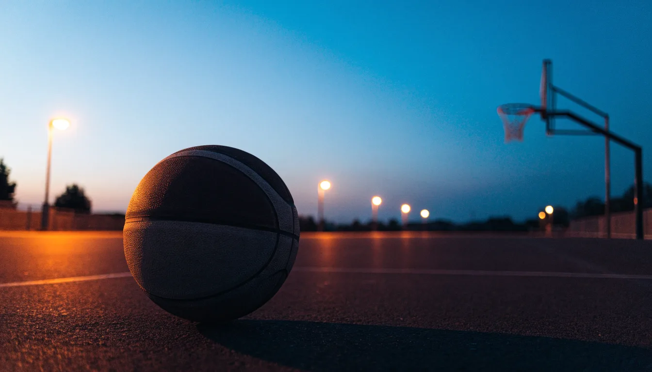 Ein Basketball rollt auf einem Freiluftplatz in der Abenddämmerung zu einem Korb, die Straßenlaternen leuchten bereits.