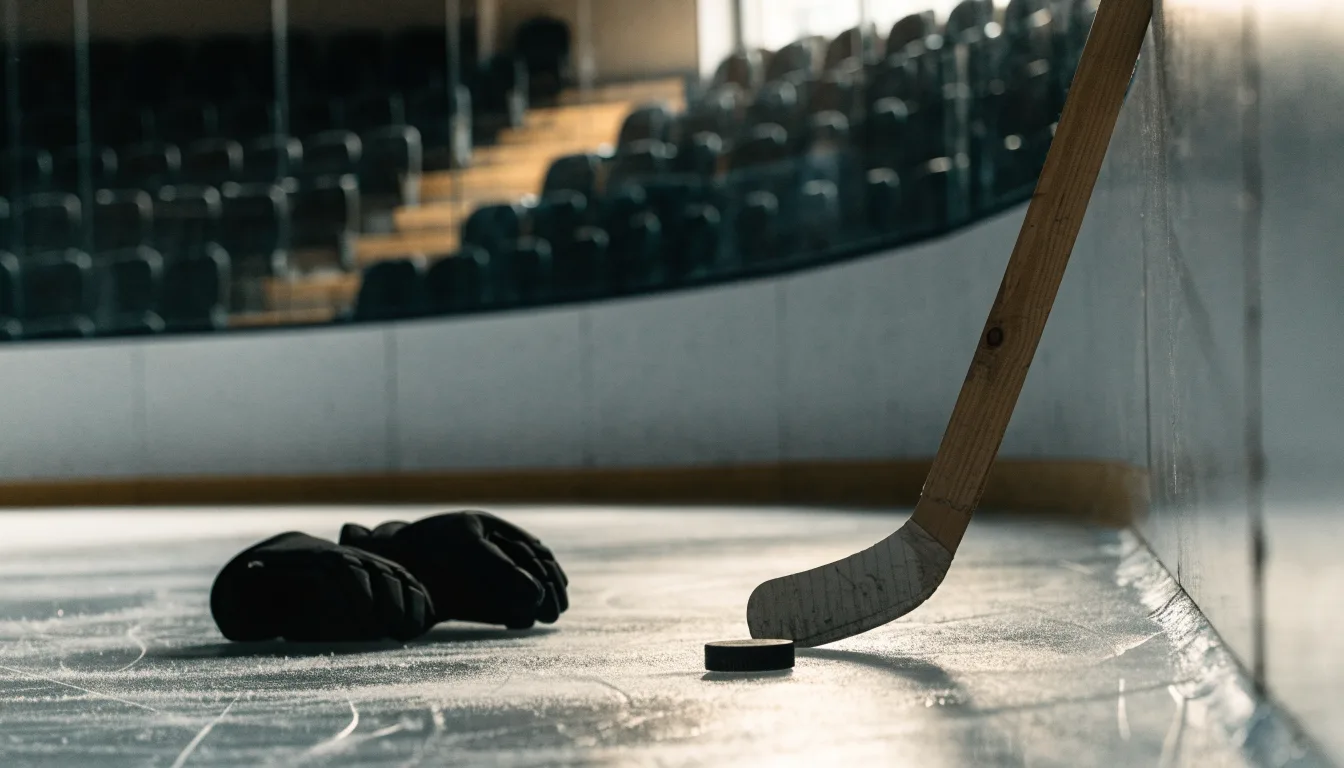 Ein Eishockeyschläger lehnt an einer Bande, daneben liegen ein Puck und ein Paar Handschuhe in einer Eishalle.
