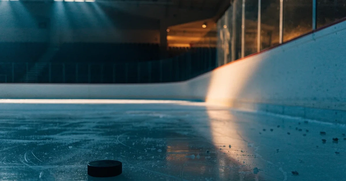 Eine leere Eisfläche in einer Halle mit Banden und Flutlicht, auf dem Eis liegt ein einzelner Puck.