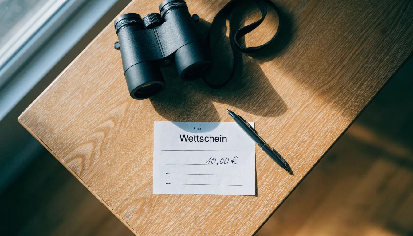 Ein leerer Wettschein aus Papier und ein Kugelschreiber liegen auf einem Holztisch neben einem Fernglas.