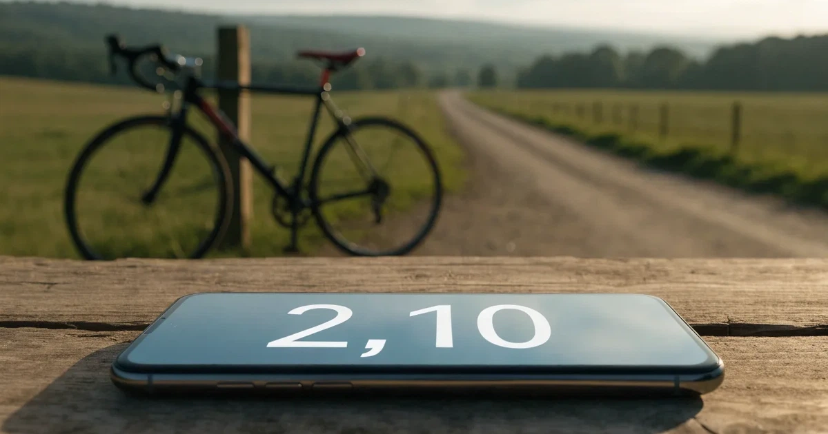 Eine Landstraße zwischen Feldern im Morgenlicht, am Straßenrand lehnt ein Rennrad ohne Aufschrift an einem Pfosten.