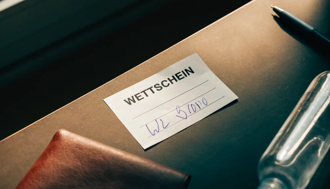 Ein leerer Wettschein aus Papier liegt neben einer Trinkflasche und einem Stift auf einem Tisch.