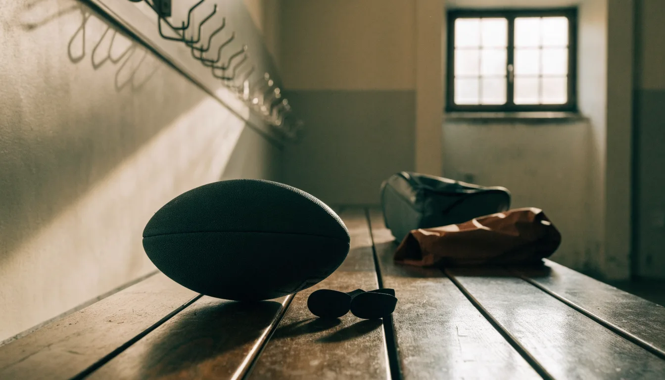 Ein Rugbyball und ein Mundschutz liegen auf einer Holzbank neben einer Reihe Kleiderhaken in einer Umkleide.