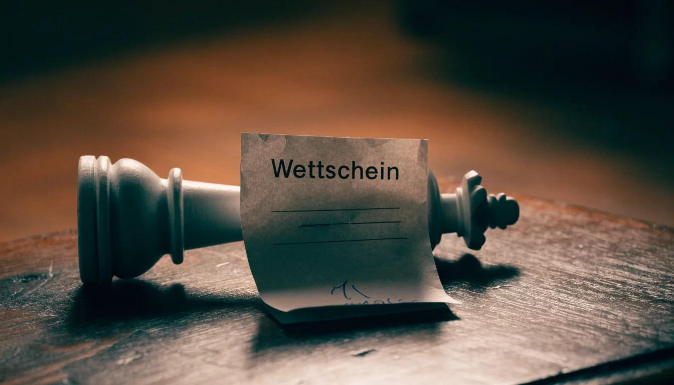 Ein leerer Wettschein aus Papier liegt neben einem umgekippten weißen Schachkönig auf einem Holztisch.