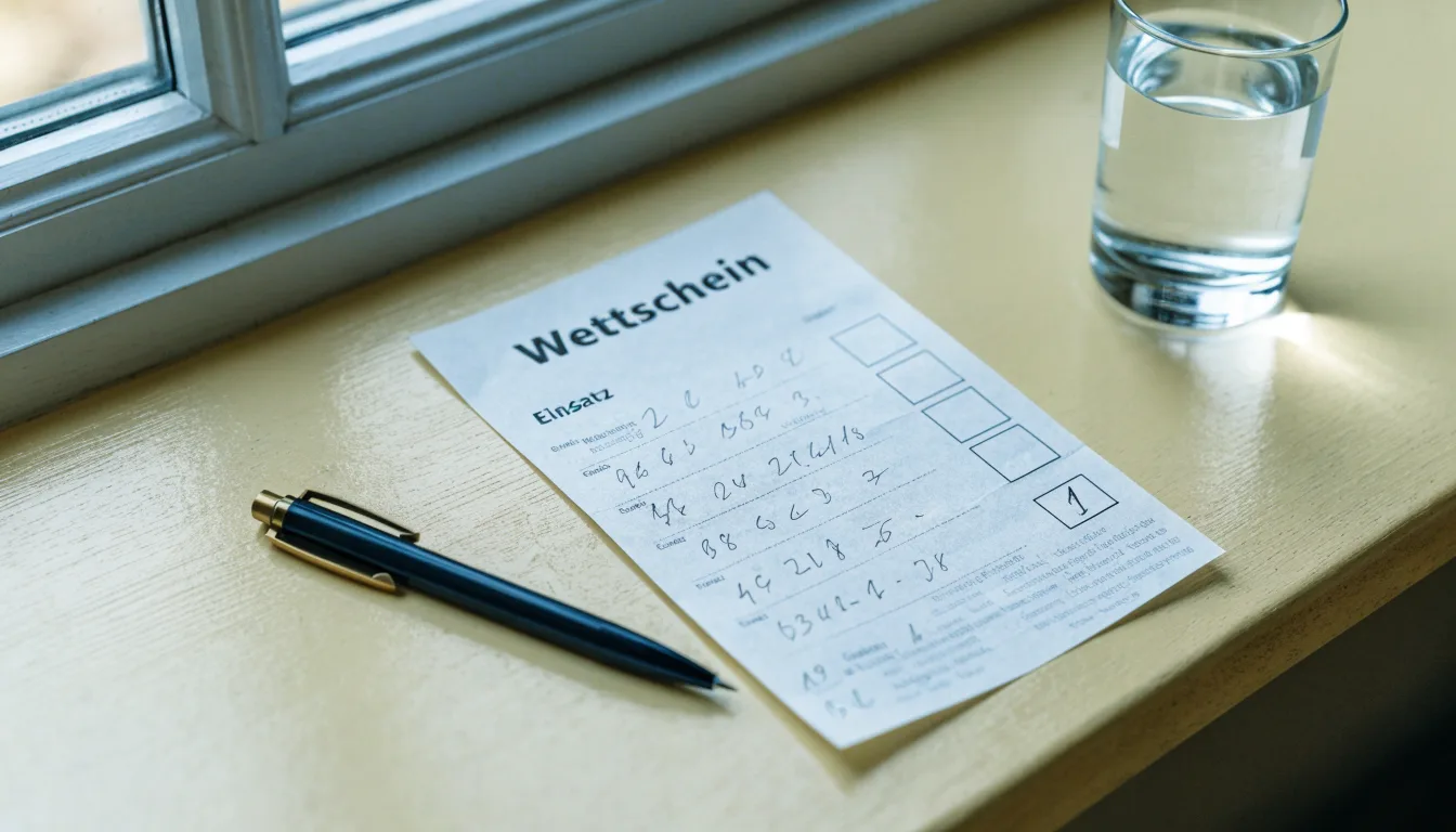 Ein leerer Wettschein aus Papier und ein Kugelschreiber liegen neben einem Glas Wasser auf einer Fensterbank.