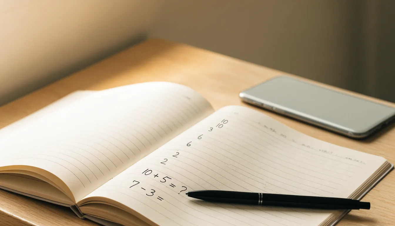 Ein aufgeschlagenes Notizbuch mit handschriftlichen Rechnungen liegt neben Stift und Smartphone auf einem Holztisch im Tageslicht.