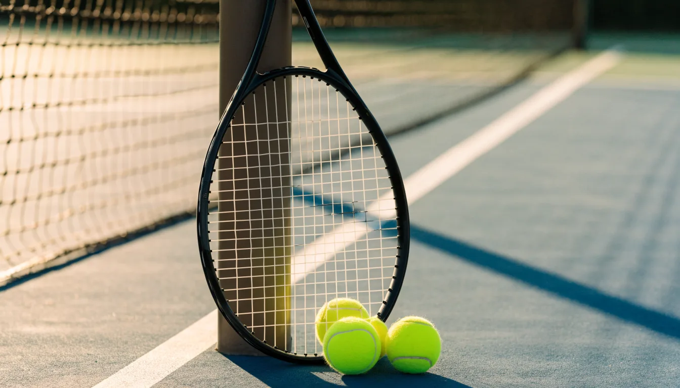 Ein Tennisschläger lehnt an einem Netzpfosten, daneben liegen drei Bälle auf einem Hartplatz in warmem Nachmittagslicht.