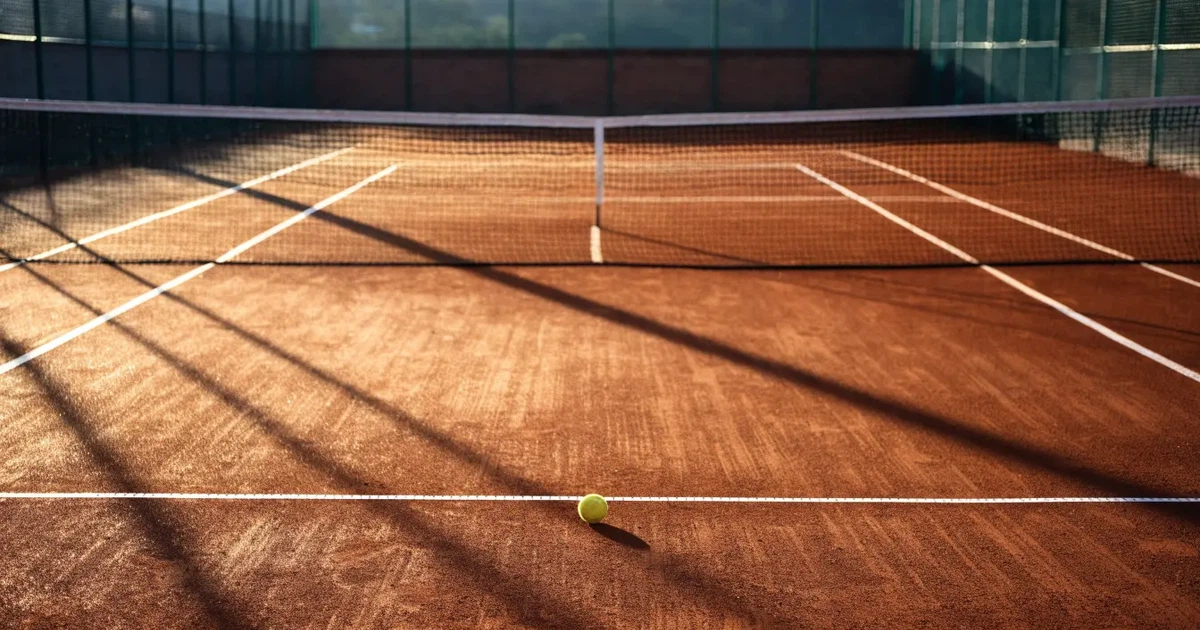 Ein Sandplatz am frühen Morgen mit frisch gezogenen Linien, einem Netz in der Mitte und einem gelben Ball auf der Grundlinie.