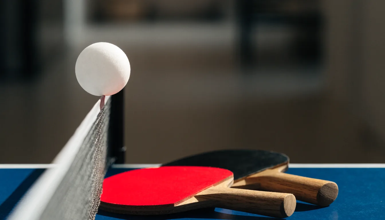 Ein weißer Ball liegt in Nahaufnahme auf der Netzkante einer Tischtennisplatte, daneben zwei Holzschläger mit rotem und schwarzem Belag.