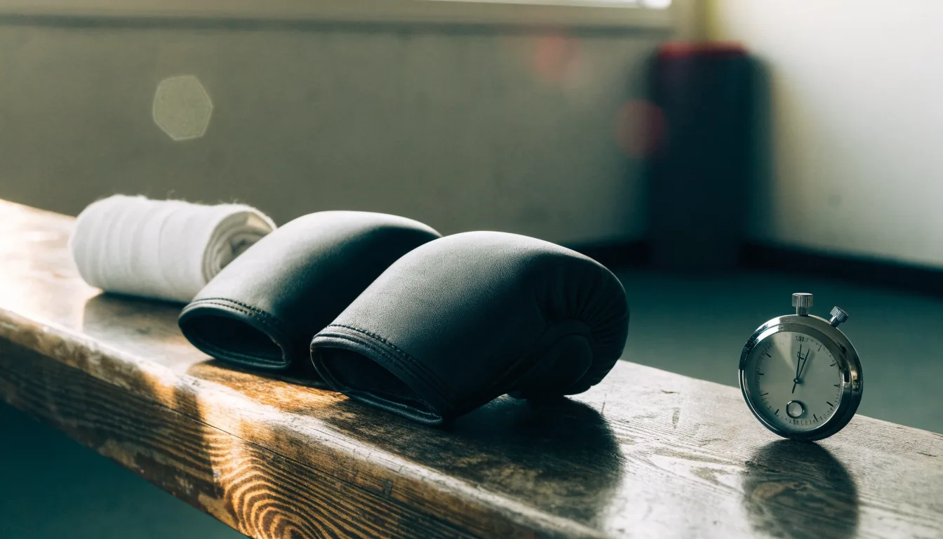 Ein Paar Kampfhandschuhe und eine Stoppuhr liegen auf einer Bank im Trainingsraum neben einer aufgerollten Handbandage.