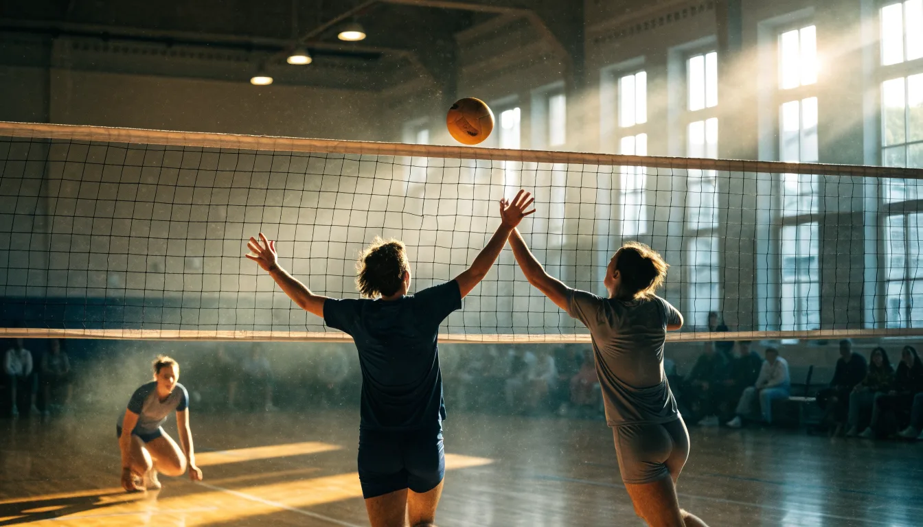 Eine leere Sporthalle mit gespanntem Volleyballnetz und glänzendem Parkett, durch hohe Fenster fällt Tageslicht.
