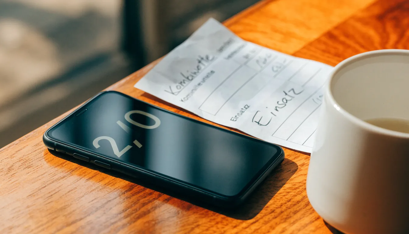 Ein Smartphone mit dunklem Bildschirm lehnt an einer Kaffeetasse auf einem Holztisch, daneben ein blanker Papier-Wettschein.