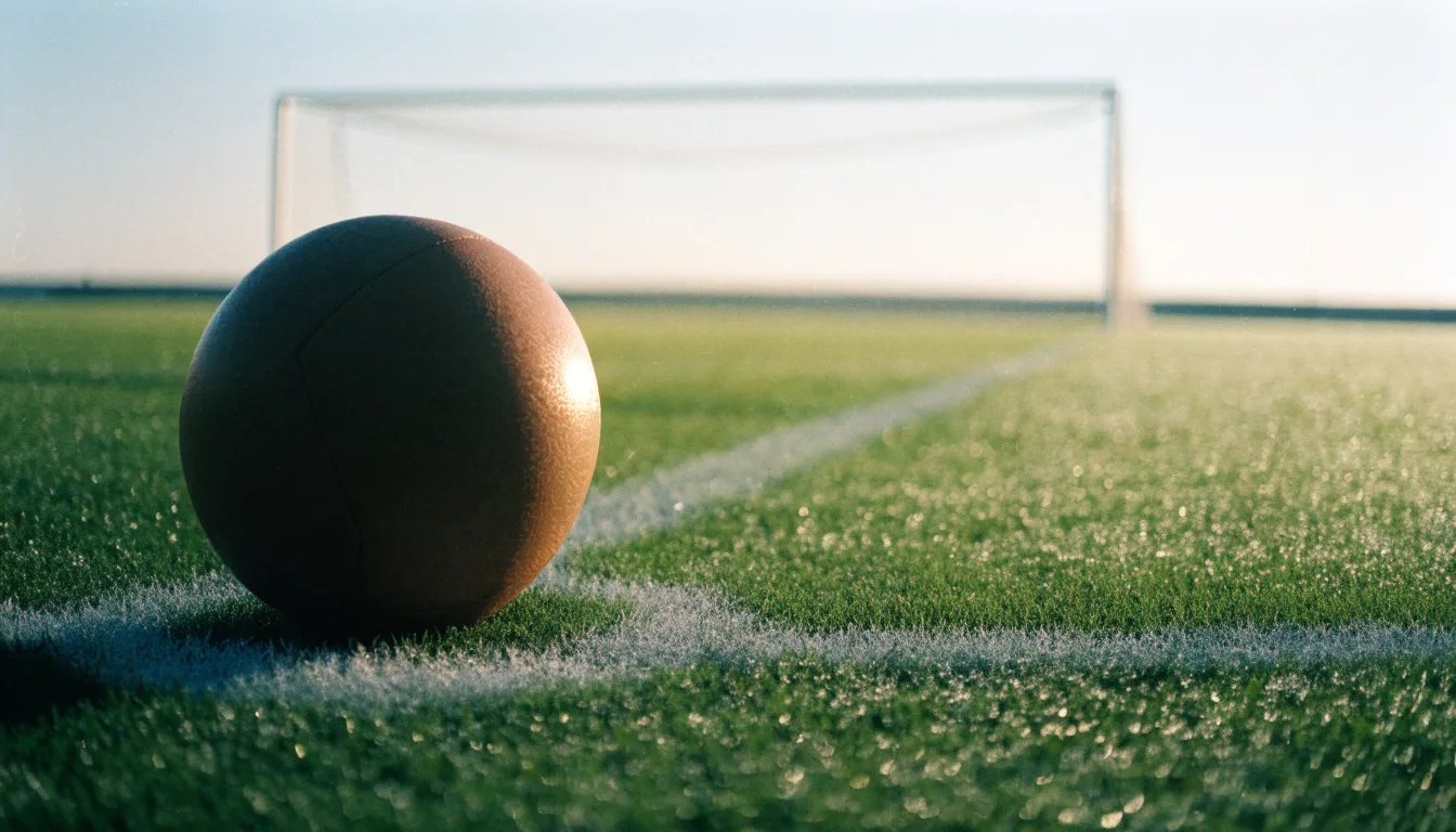 Ein Fußball liegt auf dem Anstoßpunkt eines Rasenplatzes im ersten Morgenlicht, Tau glänzt auf dem Gras.
