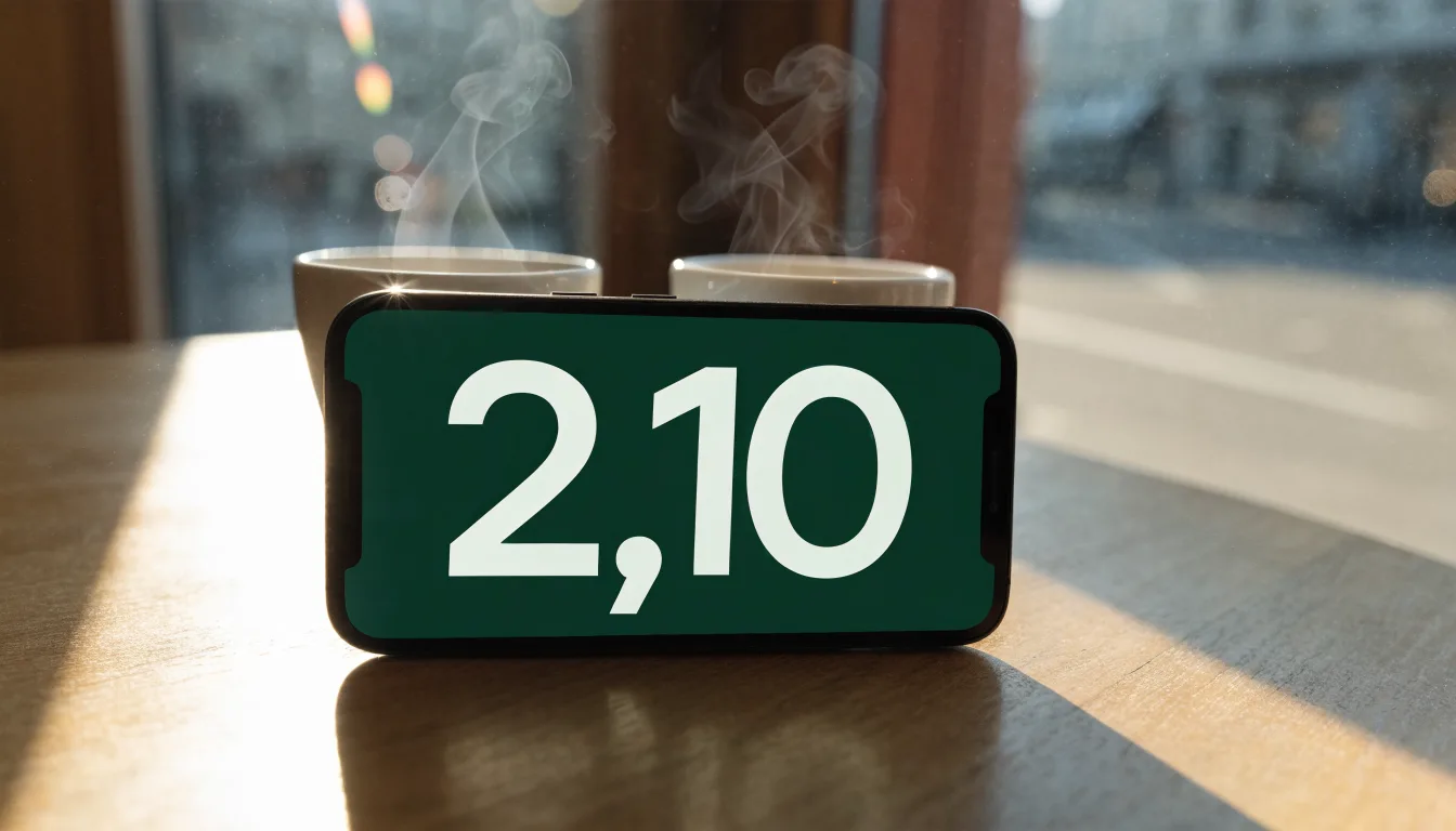 Zwei Kaffeetassen und ein dunkles Smartphone stehen auf einem Café-Tisch am Fenster im Morgenlicht.