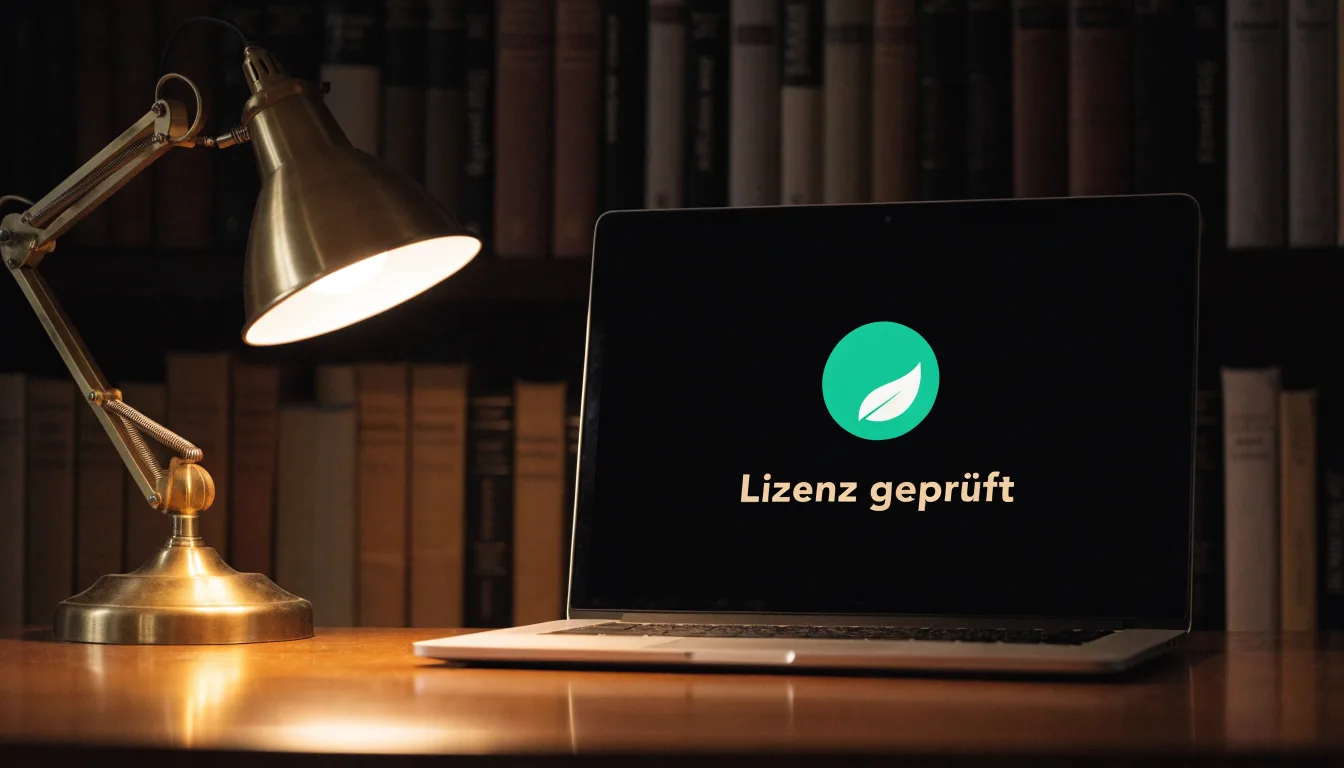 Eine Messingwaage steht auf einem dunklen Holztisch, dahinter eine unscharfe Regalwand mit geschlossenen Büchern.