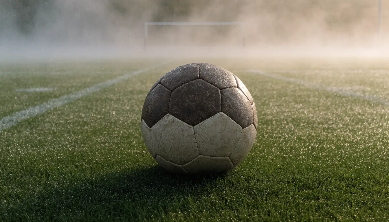 Ein abgewetzter Fußball liegt auf dem Anstoßkreis eines Naturrasens im Morgennebel.
