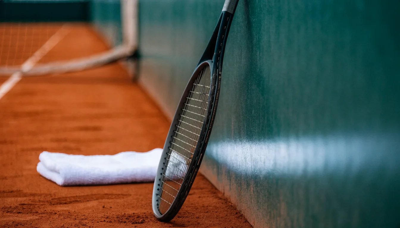 Ein Tennisschläger lehnt an einer dunkelgrünen Bande ohne Aufschrift auf einem Sandplatz, daneben liegt ein Handtuch.